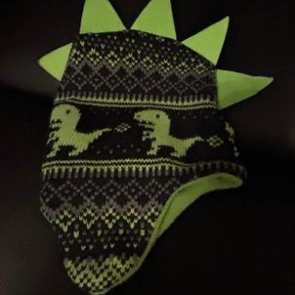 Green & Black Dinosaur Toddler Winter Hat and Mittens Set